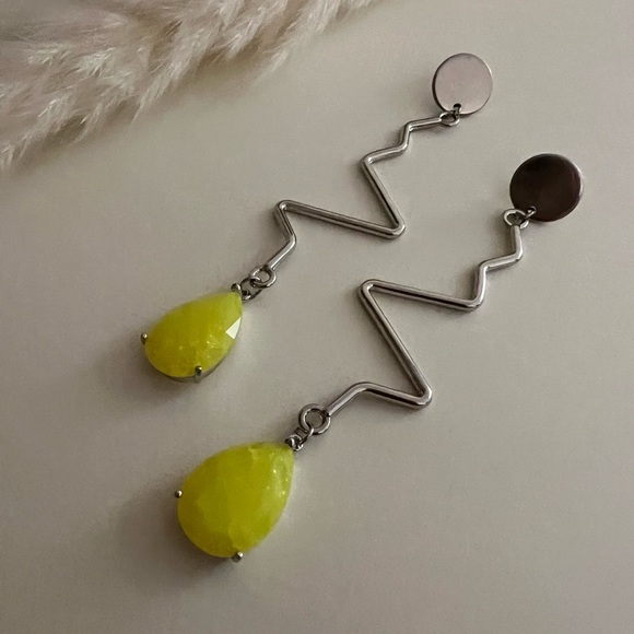 Minimalist Retro Silver & Yellow Earrings - Mid-Century Long Statement Earrings - Picture 4 of 15